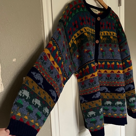 Vintage L.L. Bean Colorful Patterned Animal print Cardigan - pure wool - large - Picture 5 of 8
